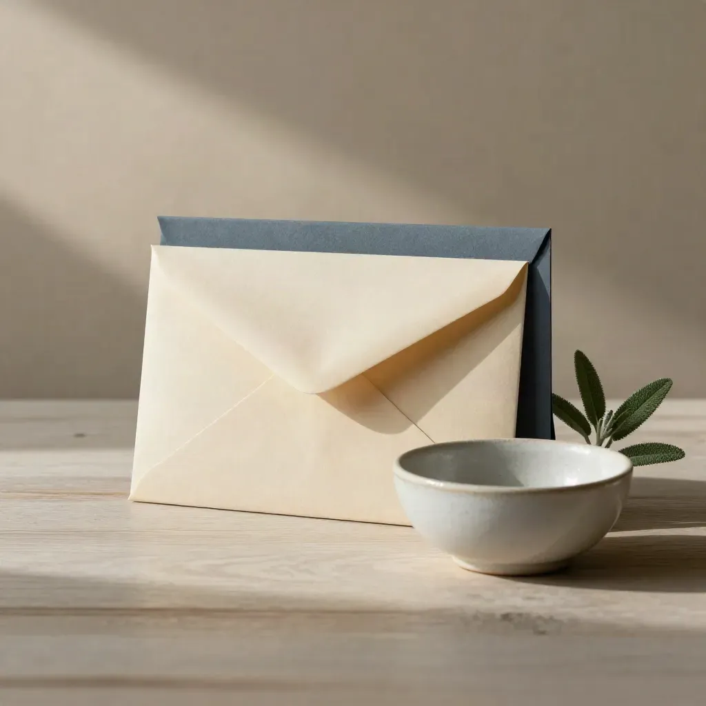 Halvöppet beige kuvert, blågrå pärmflik, liten växt och keramikskål på ljus träyta.